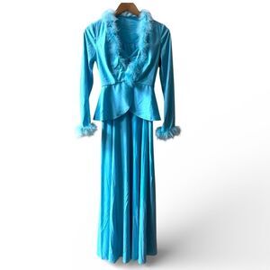 1970 Maxi Dress 2 Piece Peplum Jacket Trimmed w/ Feathers Sz Small Blue Costume
